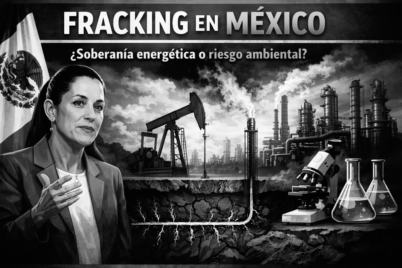 Ilustración editorial de Claudia Sheinbaum con instalaciones petroleras, fracturación hidráulica y elementos científicos que representan el debate sobre fracking en México.
