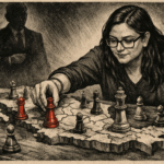 Mujer moviendo piezas de ajedrez sobre mapa de México simbolizando control político y candidaturas