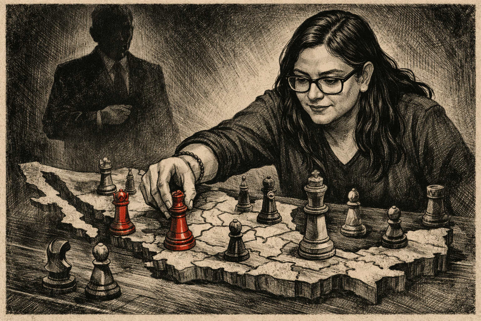 Mujer moviendo piezas de ajedrez sobre mapa de México simbolizando control político y candidaturas