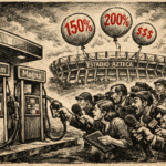 Ilustración editorial de periodistas enfocándose en bombas de gasolina mientras ignoran el alza de boletos en el Estadio Azteca