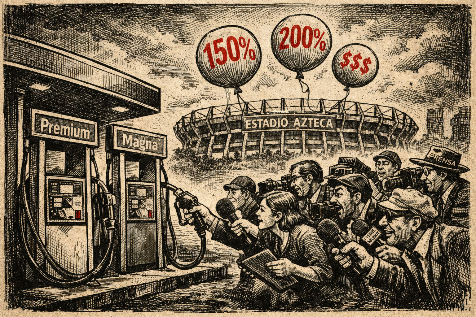 Ilustración editorial de periodistas enfocándose en bombas de gasolina mientras ignoran el alza de boletos en el Estadio Azteca