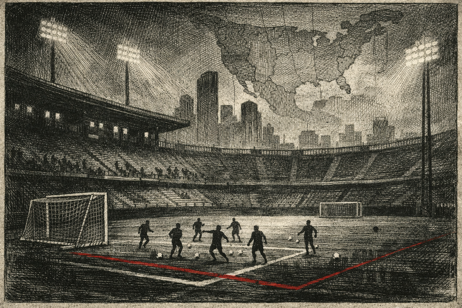 estadio de entrenamiento vacío Mundial 2026 con jugadores entrenando sin público