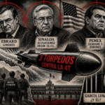 Ilustración editorial sobre escándalos contra la 4T, caso Chihuahua y García Luna con estilo grabado en blanco y negro