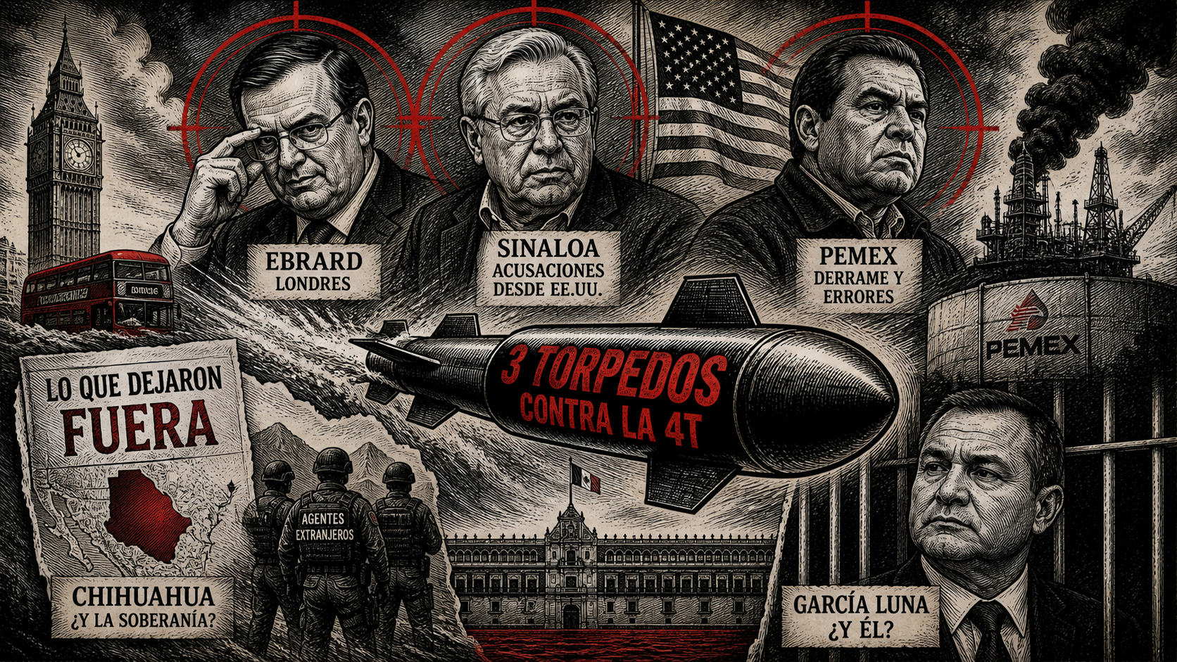 Ilustración editorial sobre escándalos contra la 4T, caso Chihuahua y García Luna con estilo grabado en blanco y negro