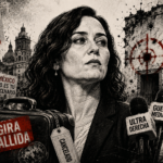 Ilustración editorial de Isabel Díaz Ayuso rodeada de propaganda mediática, violencia y referencias al fracaso de su gira en México.