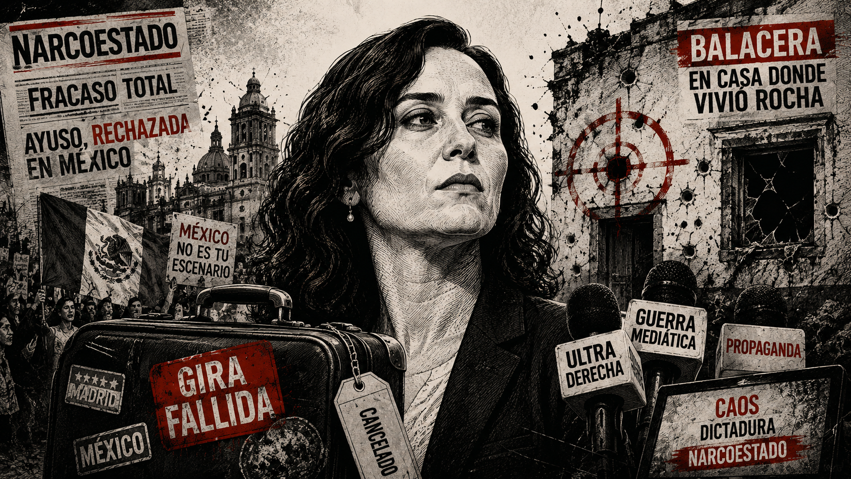 Ilustración editorial de Isabel Díaz Ayuso rodeada de propaganda mediática, violencia y referencias al fracaso de su gira en México.