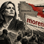 Ilustración editorial en blanco y negro de Maru Campos, Morena movilizándose en Chihuahua y agentes de la CIA como símbolo del conflicto por soberanía.