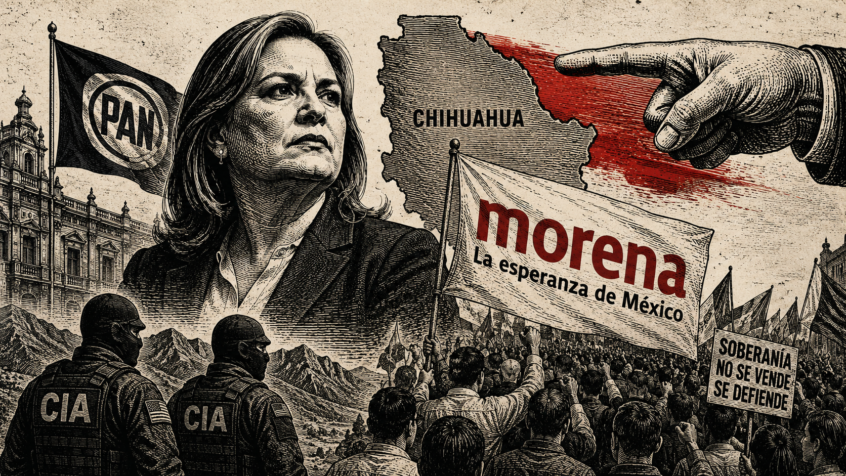 Ilustración editorial en blanco y negro de Maru Campos, Morena movilizándose en Chihuahua y agentes de la CIA como símbolo del conflicto por soberanía.