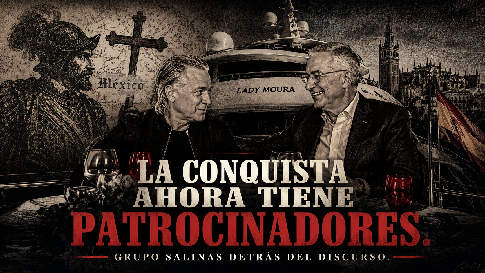 Nacho Cano y Ricardo Salinas Pliego en composición editorial sobre el megayate Lady Moura y la narrativa de la conquista española.