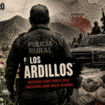 Ilustración editorial sobre el origen de Los Ardillos entre amapola, policías rurales y crimen organizado en Guerrero.