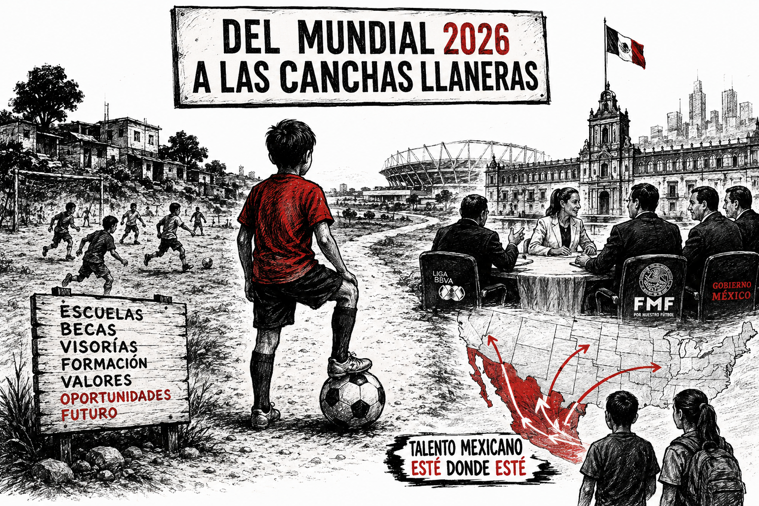 Ilustración editorial en blanco y negro con acentos rojos que muestra a un niño futbolista en una cancha llanera observando el camino hacia el Mundial 2026, mientras Gobierno, FMF y Liga MX impulsan escuelas, becas y formación deportiva.