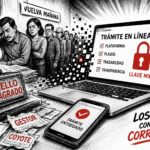 Ilustración editorial sobre la digitalización gubernamental en México, mostrando la transición de la burocracia tradicional y los trámites físicos hacia plataformas digitales para combatir la corrupción.
