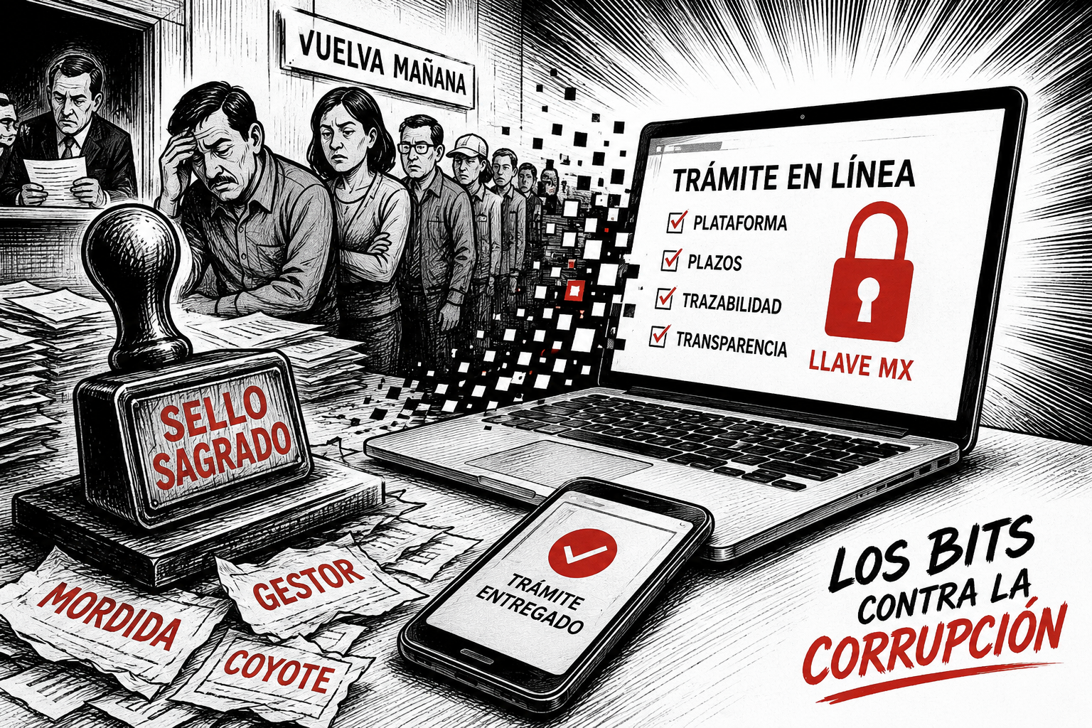 Ilustración editorial sobre la digitalización gubernamental en México, mostrando la transición de la burocracia tradicional y los trámites físicos hacia plataformas digitales para combatir la corrupción.