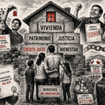 Ilustración editorial en blanco y negro con acentos rojos que representa vivienda, patrimonio, créditos justos y bienestar social para familias mexicanas.