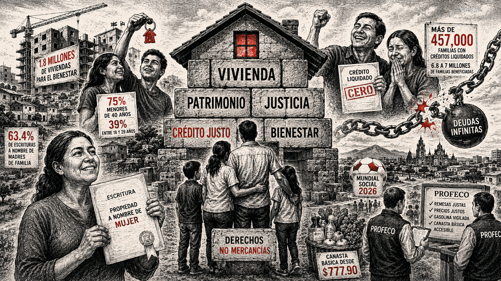 Ilustración editorial en blanco y negro con acentos rojos que representa vivienda, patrimonio, créditos justos y bienestar social para familias mexicanas.