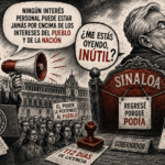 Caricatura política de Claudia Sheinbaum y Rubén Rocha Moya sobre el regreso del gobernador de Sinaloa y los límites del poder presidencial.