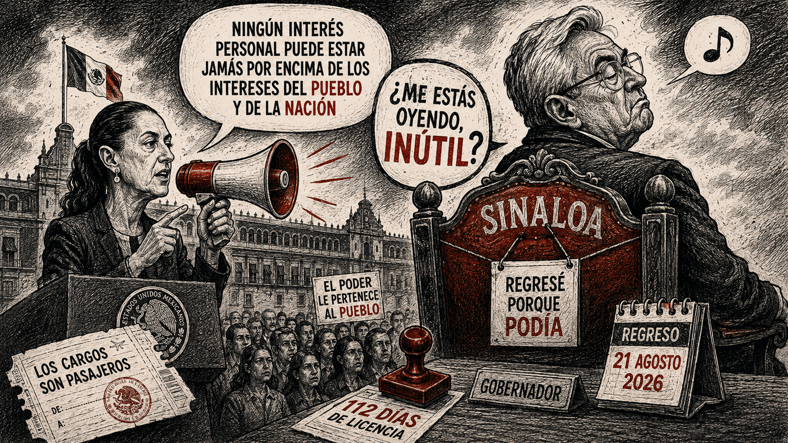 Caricatura política de Claudia Sheinbaum y Rubén Rocha Moya sobre el regreso del gobernador de Sinaloa y los límites del poder presidencial.