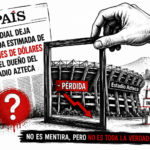 Ilustración editorial sobre el periodismo del clic: un encuadre muestra la supuesta pérdida del Estadio Azteca mientras oculta el aumento de su plusvalía y valor comercial, en referencia al debate sobre los derechos de las audiencias.
