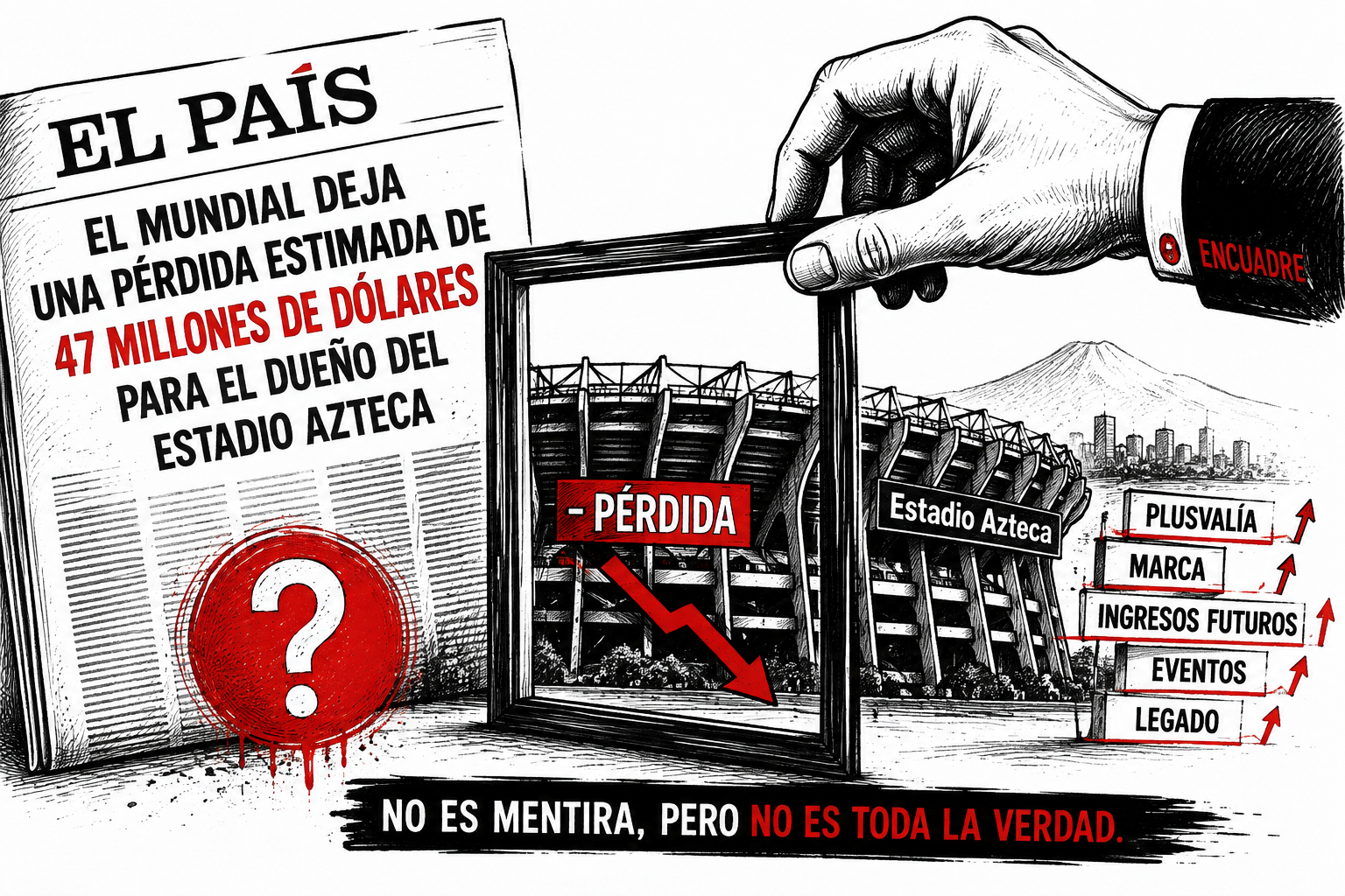 Ilustración editorial sobre el periodismo del clic: un encuadre muestra la supuesta pérdida del Estadio Azteca mientras oculta el aumento de su plusvalía y valor comercial, en referencia al debate sobre los derechos de las audiencias.