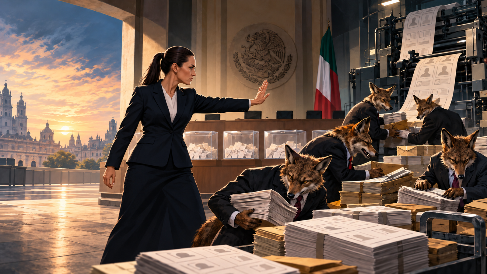 Claudia Sheinbaum detiene a coyotes que manipulan contratos y papelería electoral frente a una imprenta pública.
