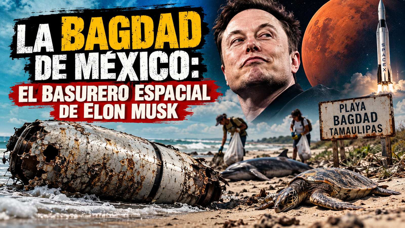 Ilustración editorial de Elon Musk, un cohete SpaceX y desechos espaciales en Playa Bagdad, Tamaulipas, junto a una tortuga y un delfín.