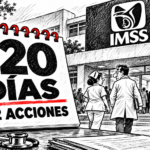 Viñeta en blanco y negro con detalles rojos: calendario de 120 días y 12 acciones frente a un hospital del IMSS, con personal médico y pacientes.