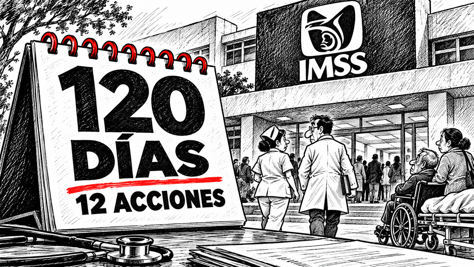 Viñeta en blanco y negro con detalles rojos: calendario de 120 días y 12 acciones frente a un hospital del IMSS, con personal médico y pacientes.