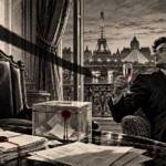 Ilustración editorial de un joven brindando en París, una voz representada como sombra y una silla vacía junto a una urna electoral.