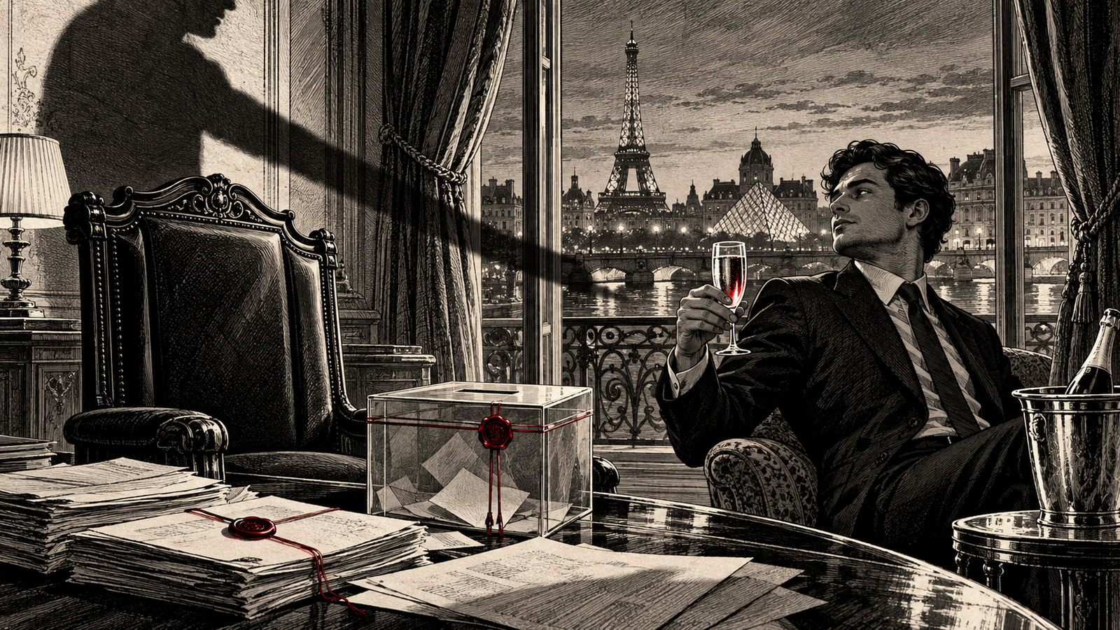 Ilustración editorial de un joven brindando en París, una voz representada como sombra y una silla vacía junto a una urna electoral.