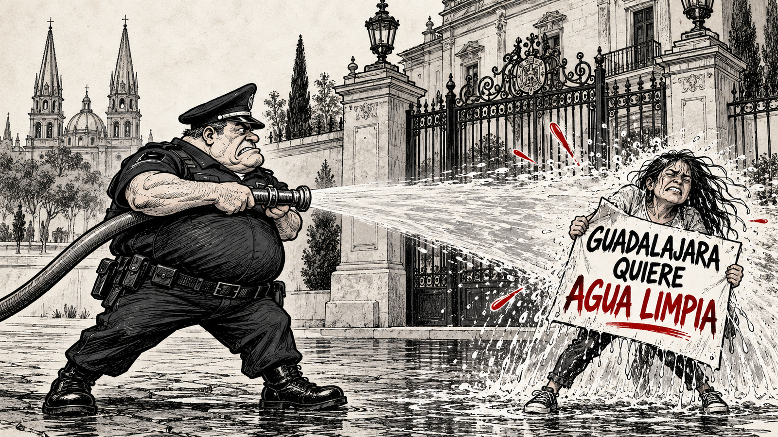 Caricatura editorial de un policía que lanza agua a una persona con un cartel que dice “Guadalajara quiere agua limpia”, frente a una residencia oficial.